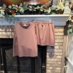 2pc knit sleeveless mock neck top, skirt w/ tie waist, taupe, size XLarge, EUC